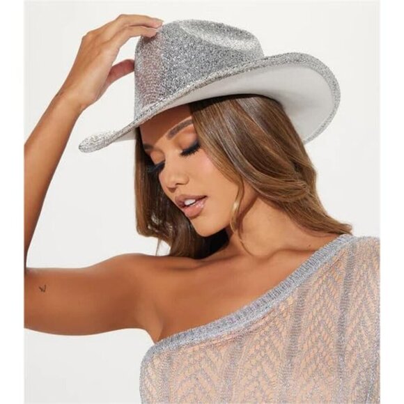 Women Western Glitter Cowboy Hat Sparkle Cowgirl Fedora for Parties